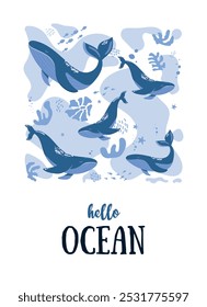 Cartão postal marítimo com animais oceânicos. Olá oceano. Ilustração vetorial com vida subaquática. Moradores do mundo do mar, criaturas subaquáticas bonitas, habitantes de recifes de corais em seu habitat natural.