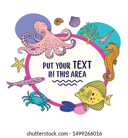 Sea poster with cute underwater animals and colored circles on light background. Cartoon sea creatures for prints, textile, wallpaper, childish background. Vector illustration. 