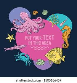 Sea poster with cute underwater animals and colored circles on dark background. Cartoon sea creatures for prints, textile, wallpaper, childish background. Vector illustration. 