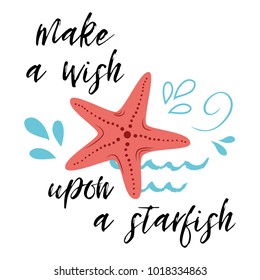 Sea Poster With Fish Phrase Make A Wish Upon A Star, Wave, Seastar. Vector Typographic Banner Inspirational Quote. Card For Summer Time, Vacation. Cute Print, Label, Logo, Sticker, Stamp, Sign