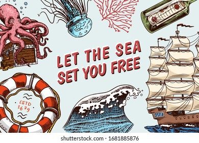 Sea Poster. Nautical banner or background. Lighthouse, mermaid and marine captain, octopus and shipping sail, old sailor, ocean waves, seaman and lifebuoy. Hand drawn engraved old sketch.