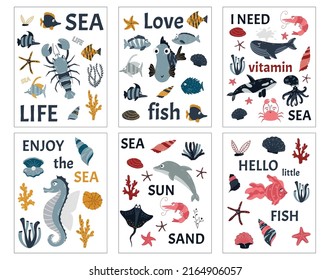 Sea poster and postcard for children. Cartoon marine animals, fish, algae and shells. Suitable for greeting card design, T-shirt design, children's room decor. Vector.