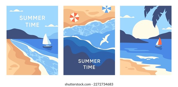 Sea posters set. Colorful tropical landscapes with sandy beaches, palm trees, ships and sea waves. Vacation or holiday in summer season. Cartoon flat vector illustrations isolated on white background
