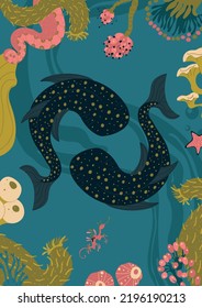 Sea posters with underwater animals, plants, fishes, ocean coral reef