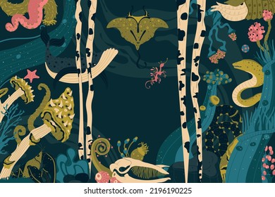 Sea posters with underwater animals, plants, fishes, ocean coral reef
