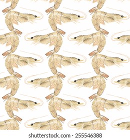 Sea prawn or shrimp. Seamless watercolor pattern with prawns on the white background, aquarelle. Vector illustration. Hand-drawn original background. Seafood and marine cuisine
