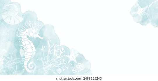 Sea. Pre-made design with seahorse, shells, starfish, corals, sea creatures, watercolor splash and place for text. Vector layout decorative greeting card or invitation design background. 