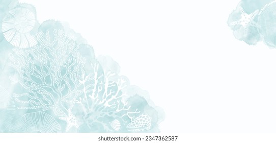 Sea. Pre-made design with shells, starfish, corals, sea creatures, watercolor splash and place for text. Vector layout decorative greeting card or invitation design background. 