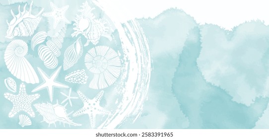 Sea. Pre-made design with shells, starfish, nautilus, sea creatures, watercolor splash . Vector layout decorative greeting card or invitation design background. 