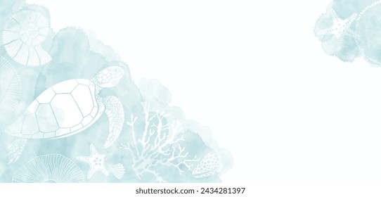 Mar. Diseño pre-hecho con tortuga, conchas, estrellas de mar, corales, criaturas marinas, salpicadura de acuarela y lugar para el texto. Diseño vectorial tarjeta de felicitación decorativa o fondo de diseño de invitación. 