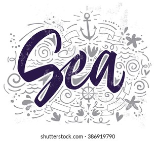 Sea print T-shirts for summer. Vector illustration. Hand lettering. Contour drawing.