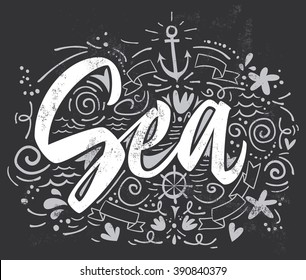 Sea print T-shirts for summer. Vector illustration. Hand lettering. Contour drawing.