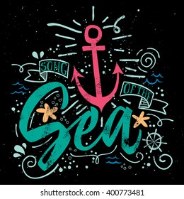 Sea print T-shirts for summer. Vector illustration. Hand lettering. Contour drawing.