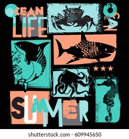 Sea print for T-shirts, textiles, paper, web. Original design with sharks, jellyfish, crab, octopus.  grunge design for boys 