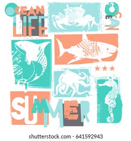 Sea print for T-shirts, textiles, paper, web. Original design with sharks, jellyfish, crab, octopus.  grunge design for boys 