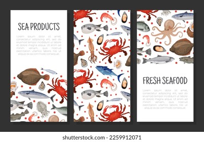 Sea products banner templates set. Fresh seafood flyer, leaflet, brochure template with space for text cartoon vector