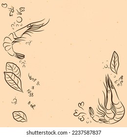 Sea products and spices, background for the menu of restaurants and cafes, contour, in the style of doodle