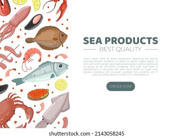 Sea products web banner. Fresh seafood, fish market, restaurant, shop landing page vector illustration
