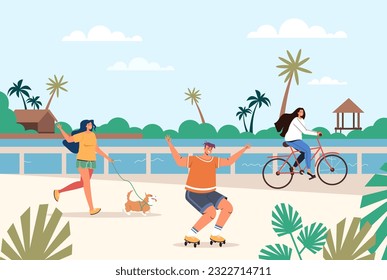 Sea promenade embankment summer landscape background concept. Vector design graphic illustration
