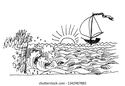 Sea protected the sailing vessel and the sun. Hand drawn sketch. Vector illustration