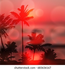 Sea purple sunset with island and palm trees. EPS10 vector.