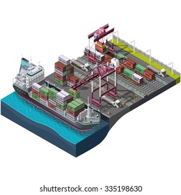 Sea and rail transportation of goods,delivery cargo.Vector set with industrial construction cranes.Loading,unloading of containers.Territory of the port warehouse.Shipping process.3D isometric concept