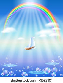 Sea, rainbow and boat in the sun beams