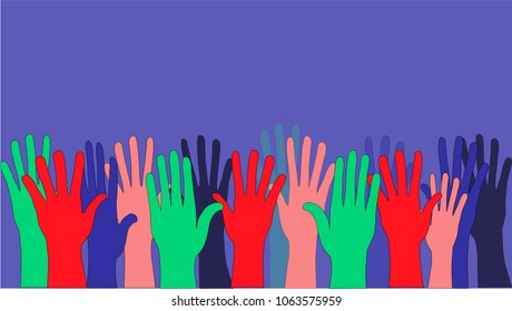 Sea of raised hands. Different colored hands. Concept of peoples, community, friendship, diversity and attention. Background. Copy space.