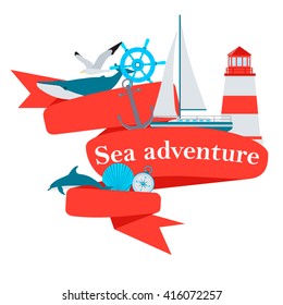 Sea Red Ribbon. Ship, anchor and fish. Vector illustration