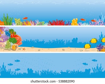 Sea reef banner. Underwater scene banner. Marine corals and fish background. Vector illustration