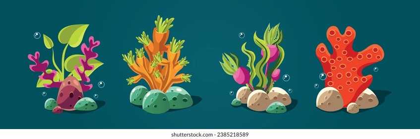 Sea Reef and Coral with Algae Plant Grow Underwater Vector Set