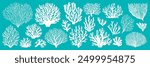 Sea reef corals and ocean seaweeds silhouettes or imprints, vector white icons. Cartoon undersea and ocean underwater fauna plants background with corals and actinia aquatic flowers for marine pattern