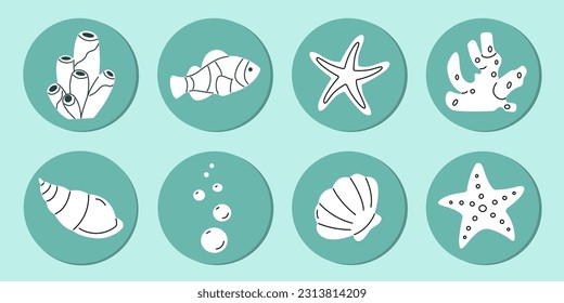 Los habitantes de los arrecifes de mar esbozan el conjunto de iconos de doodle. Corales, conchas marinas, peces estrella, peces payasos y burbujas de aire. Colección de elementos de vida subacuáticos marinos. Ilustración vectorial.