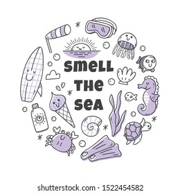 Sea related object, kawaii doodle set, cute icons collection