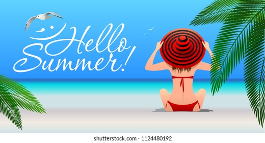 Sea relax illustration. Summer time. Woman silhouette among palm trees.