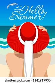 Sea relax illustration. Summer time. Woman silhouette in red hat on the seaside background.