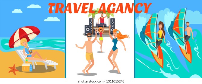 Sea resort activities vector banner flat template. Summertime. Windsurfing, party, relax on ocean beach. Tourists, holidaymakers have fun cartoon characters. Travel agency illustration with lettering