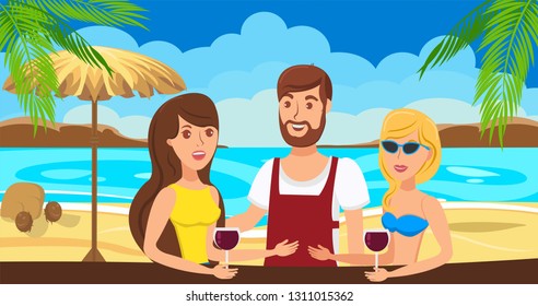 Sea resort flat vector illustration. Two girls meeting with young man. Friends talk at beach bar. Barman flirts with girlfriends. Holidaymakers, tourists cartoon character. Summer vacation banner idea