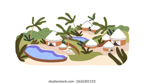 Hotel resort marítimo com bungalows. Paisagem à beira-mar com palmeiras e cabanas exóticas para turistas. Férias tropicais, viagens de verão, turismo. Ilustração de vetor isolado plano sobre fundo branco