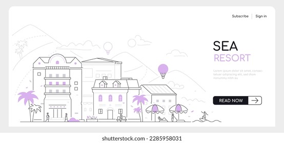 Sea resort - modern thin line design style vector banner on white urban background. Composition with five-star hotel against the backdrop of a mountain landscape. Rest on the first coastline