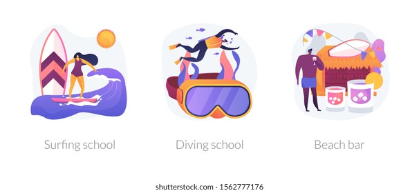 Sea resort recreation flat icons set. Underwater sport, extreme hobby, summertime leisure. Surfing school, diving school, beach bar metaphors. Vector isolated concept metaphor illustrations.