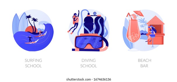 Sea resort recreation flat icons set. Underwater sport, extreme hobby, summertime leisure. Surfing school, diving school, beach bar metaphors. Vector isolated concept metaphor illustrations.