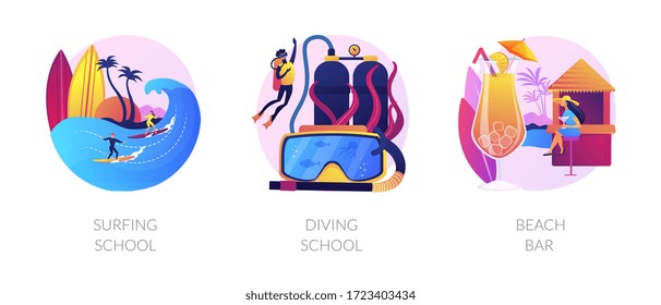 Sea resort recreation flat icons set. Underwater sport, extreme hobby, summertime leisure. Surfing school, diving school, beach bar metaphors. Vector isolated concept metaphor illustrations.