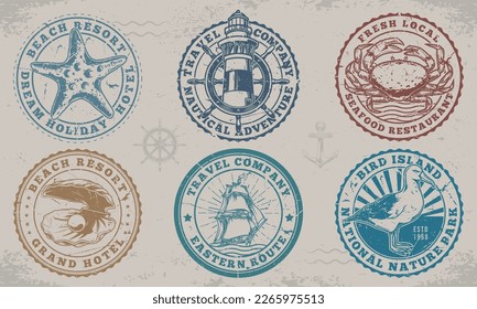 Sea resorts vintage set colorful emblems for seafood restaurants or travel companies offering nautical adventures in southern islands vector illustration