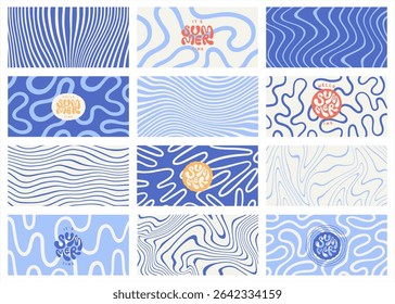 Sea ripples funky groovy water waves summer 1:2 backgrounds banners set. Uneven deformed hand drawn blue wavy organic doodle winding lines, stripes rectangle patterns. Hello it's summer hand lettering