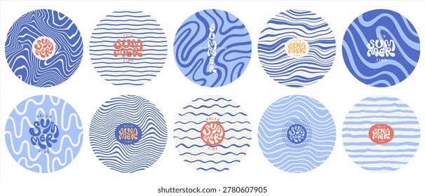 Sea ripples water waves circle shape marine summer backgrounds set. Uneven deformed hand drawn blue wavy organic doodle curved winding lines, stripes round abstract patterns. Hello it's summer time hand lettering.