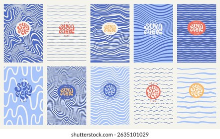 Sea ripples water waves marine summer backgrounds set. Uneven deformed hand drawn blue wavy organic doodle curved winding lines, stripes rectangle patterns. Hello it's summer time hand lettering. 