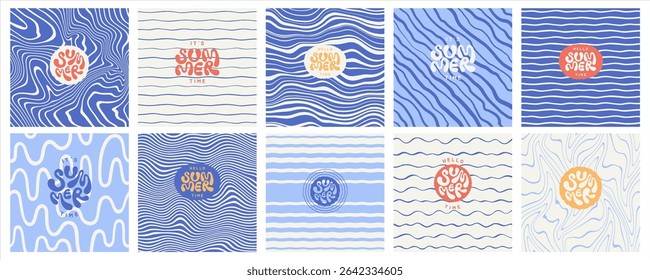 Sea ripples water waves marine summer backgrounds set. Uneven deformed hand drawn blue wavy organic doodle curved winding lines, stripes square patterns. Hello it's summer time hand lettering.