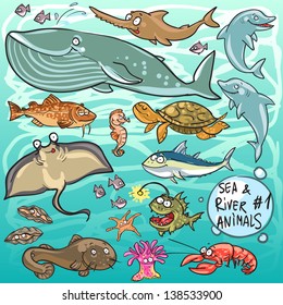 Sea and river animals - part 1. Hand drawn cartoon sea life collection