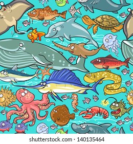 Sea and river animals pattern. Underwater life seamless background.